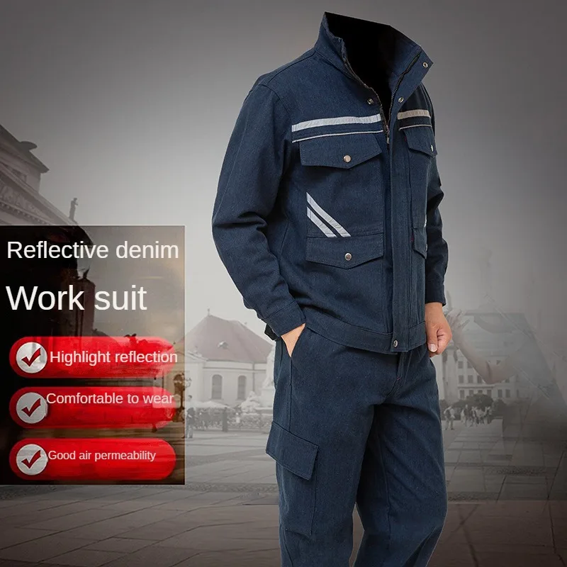 Thick Denim Work Suit Men\'s Spring And Autumn Wear-resistant Labor Insurance Reflective Strip Factory Clothing