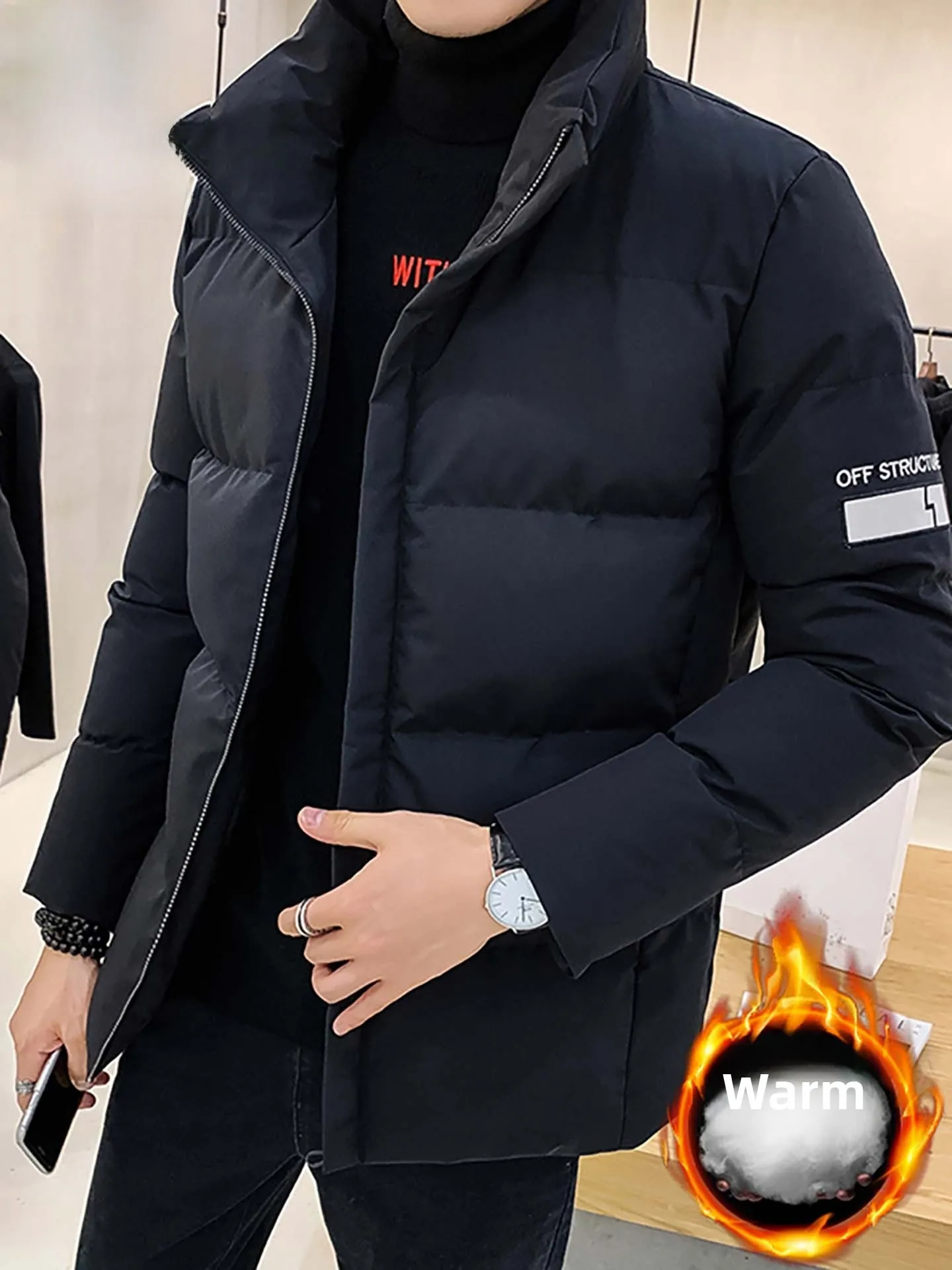 

Nainiu Men's Thickened Fleece Lined Cotton Jacket Winter New Style Loose Fit Warm Stand Collar Casual Fashion Outerwear