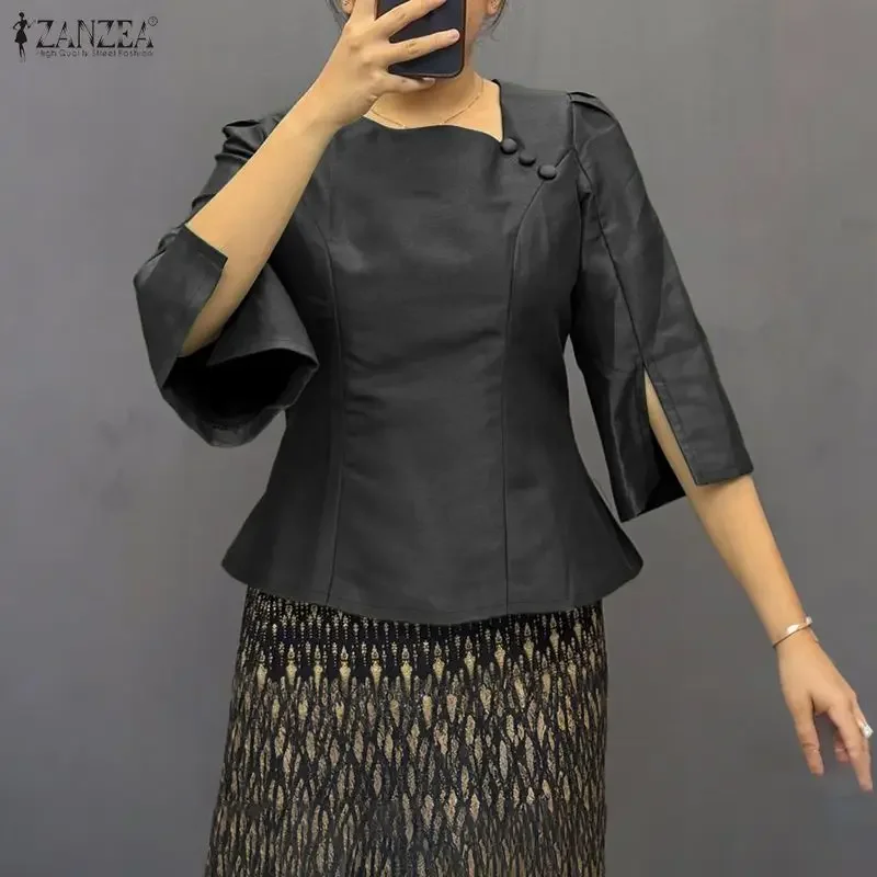 

ZANZEA Fashion Women Blouse Elegant Office Lady Shirts 3/4 Puff Sleeve Casual Solid Tunic Tops 2026 Summer Loose Female Blusas