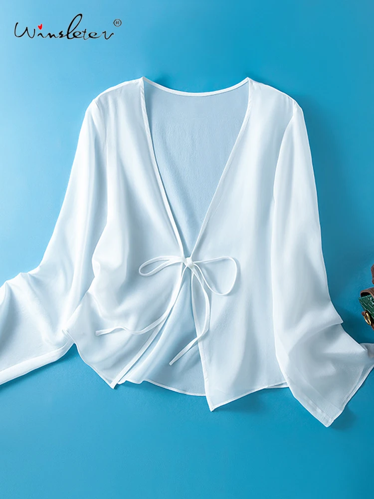 

Winsleter-100% Silk Elegant Sunscreen Tops, Long Sleeve Lace-up, Women Beach Vacation Short Sunshade Coat, 2026 Spring C61067CC