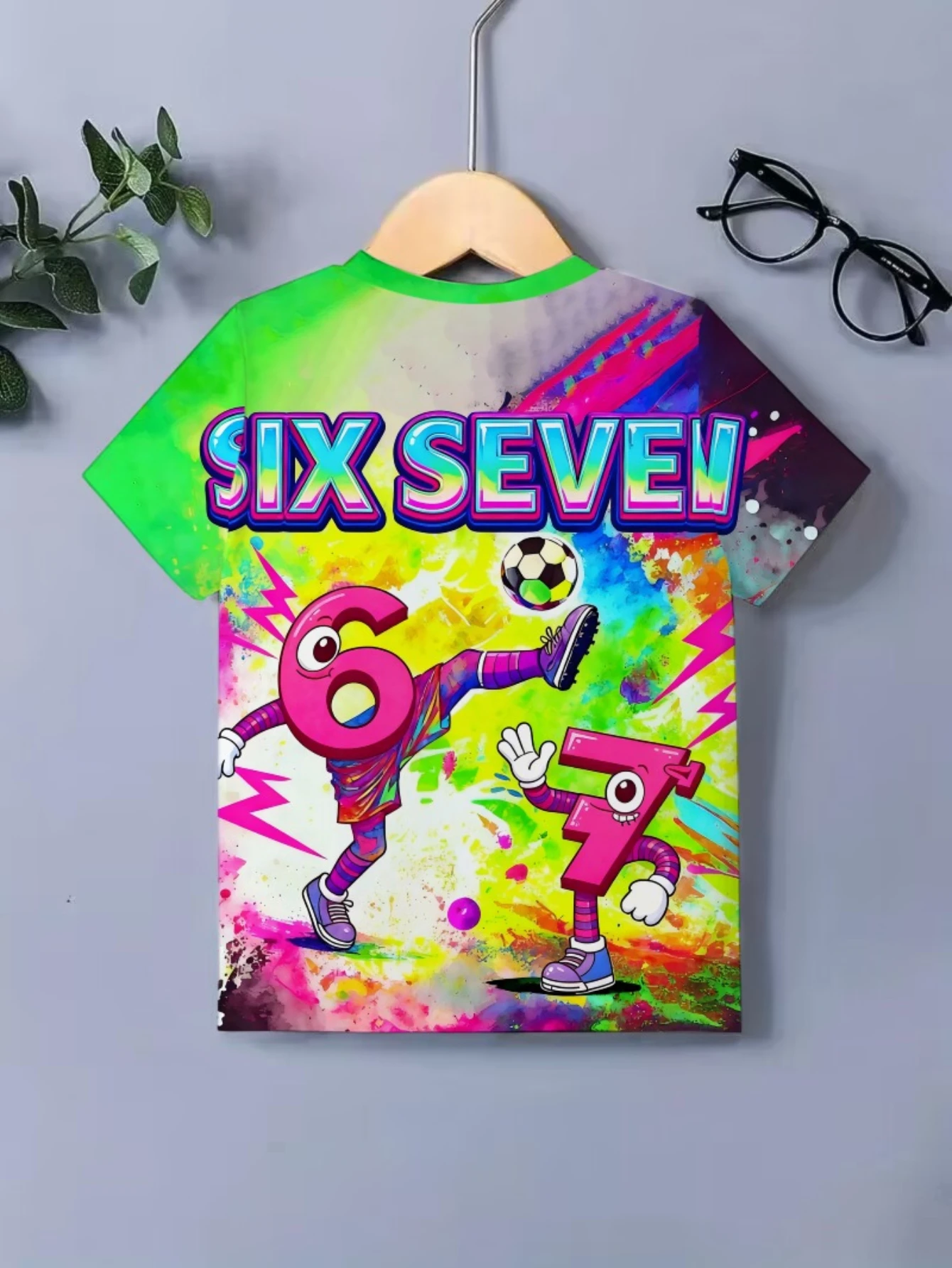 Paint‑Splash Cartoon Soccer Kids T‑Shirt, Boys Fun 67 Number Character Football Graphic Short Sleeve Crew Neck Casual Summer Top