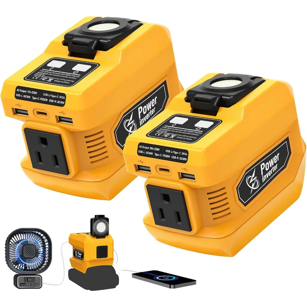 

2-Pack 220W Portable Power Inverter with USB Ports, AC Outlet, and LED Light for Outdoor Use