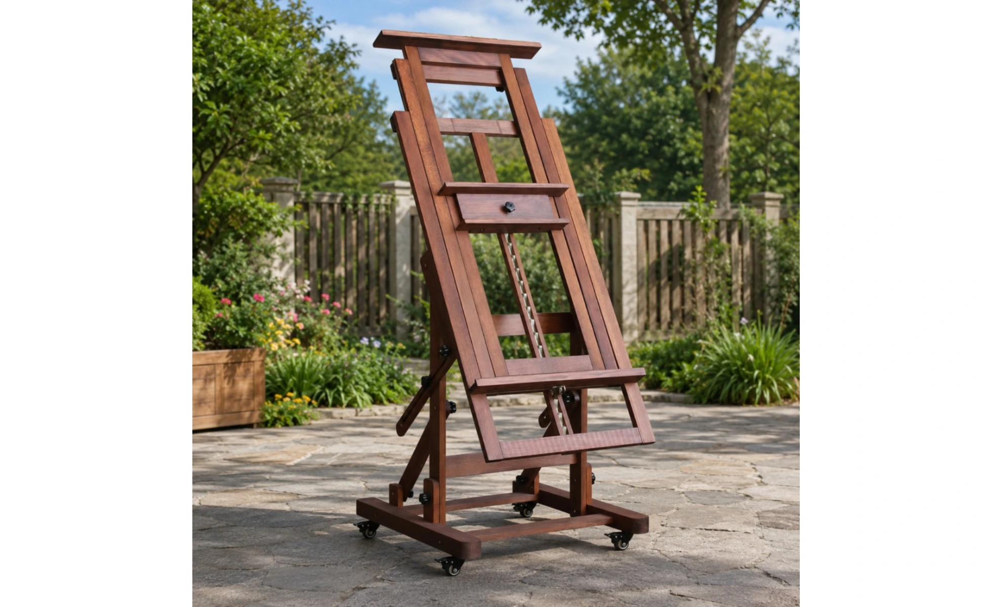 Rolling Studio Easel Horizontal and Vertical Adjustable Large Easel Art Supplies Solid Wood Wheeled for Artists, Gallery Display