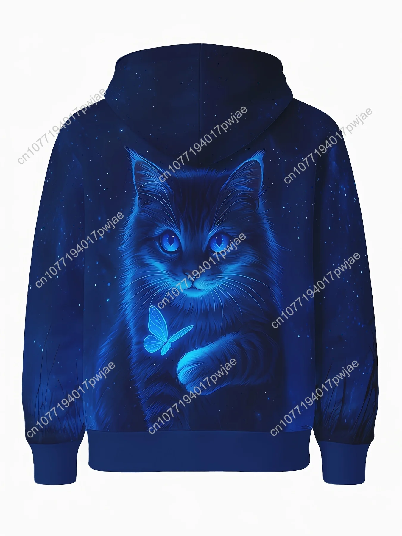 Уютная синяя светящаяся толстовка с котом для взрослых — толстовка из мягкого полиэстера с 3D-принтом котенка и бабочки, капюшоном и карманом, идеально подходит для