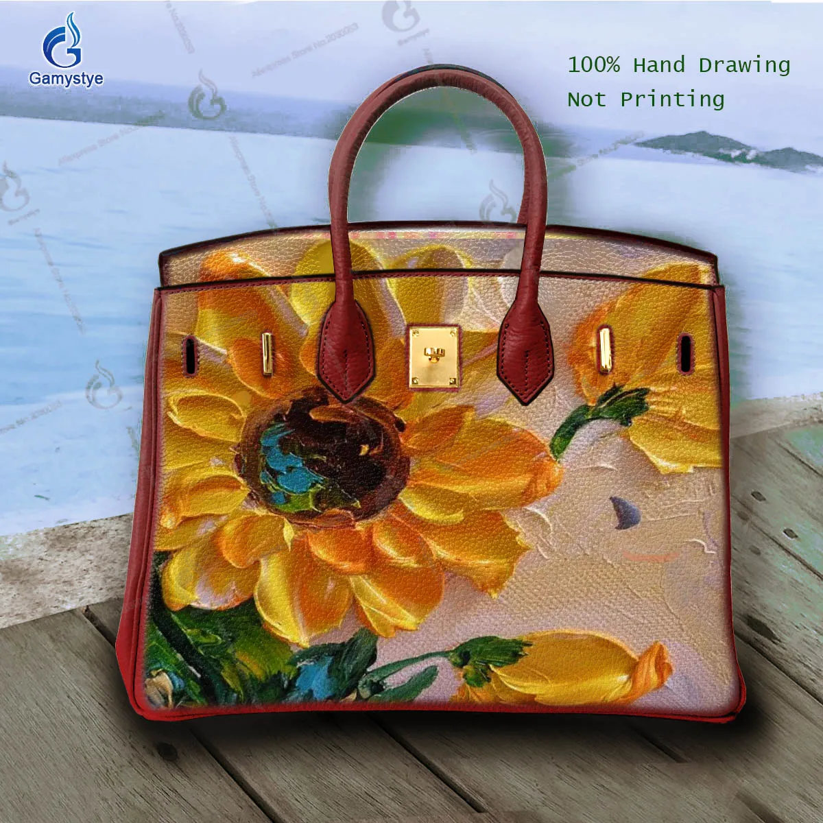 

Art Hand-Painting Big Sunflowers Customize Totes For women Handbags Designer Shoulder Bag 100% Real Cowhide Leather Big Capacity