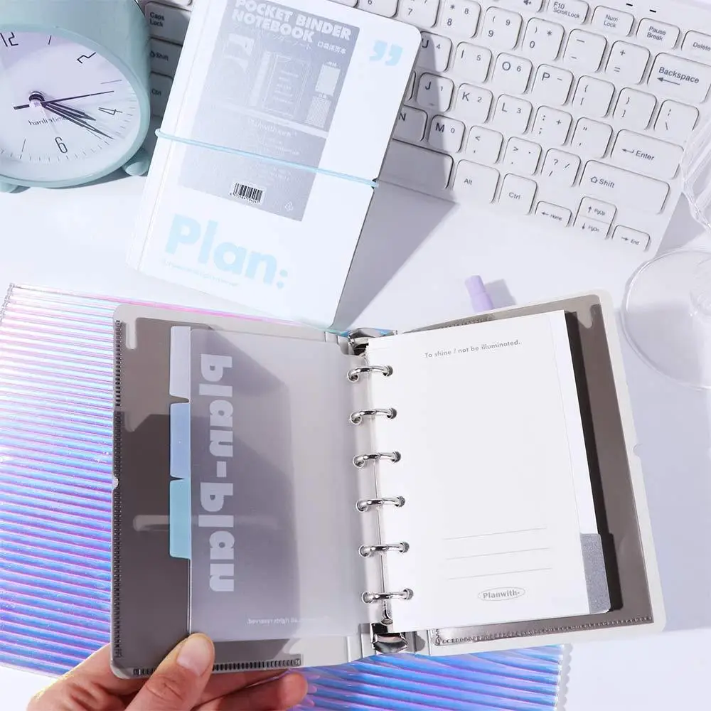 Durable 44 Sheets Mini Pocket Notebook Mini 6 Ring Loose Leaf Portable Handbook White Blue Cute Diary Book Student