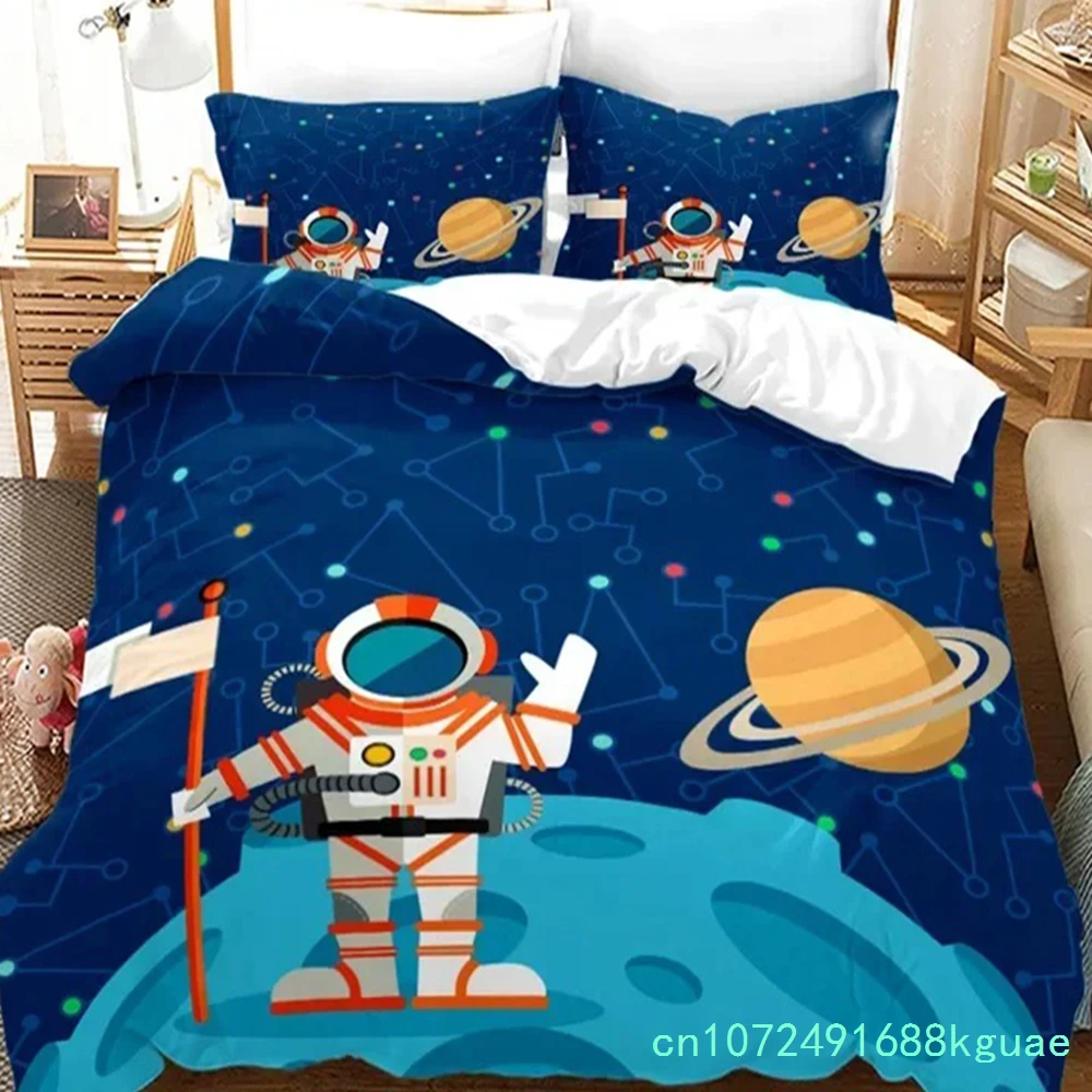 Cartoon Astronaut Duvet Cover King For Boys Girl Galaxy Space Bedding Set Microfiber Rocket Ship Space Adventure Comforter Cover