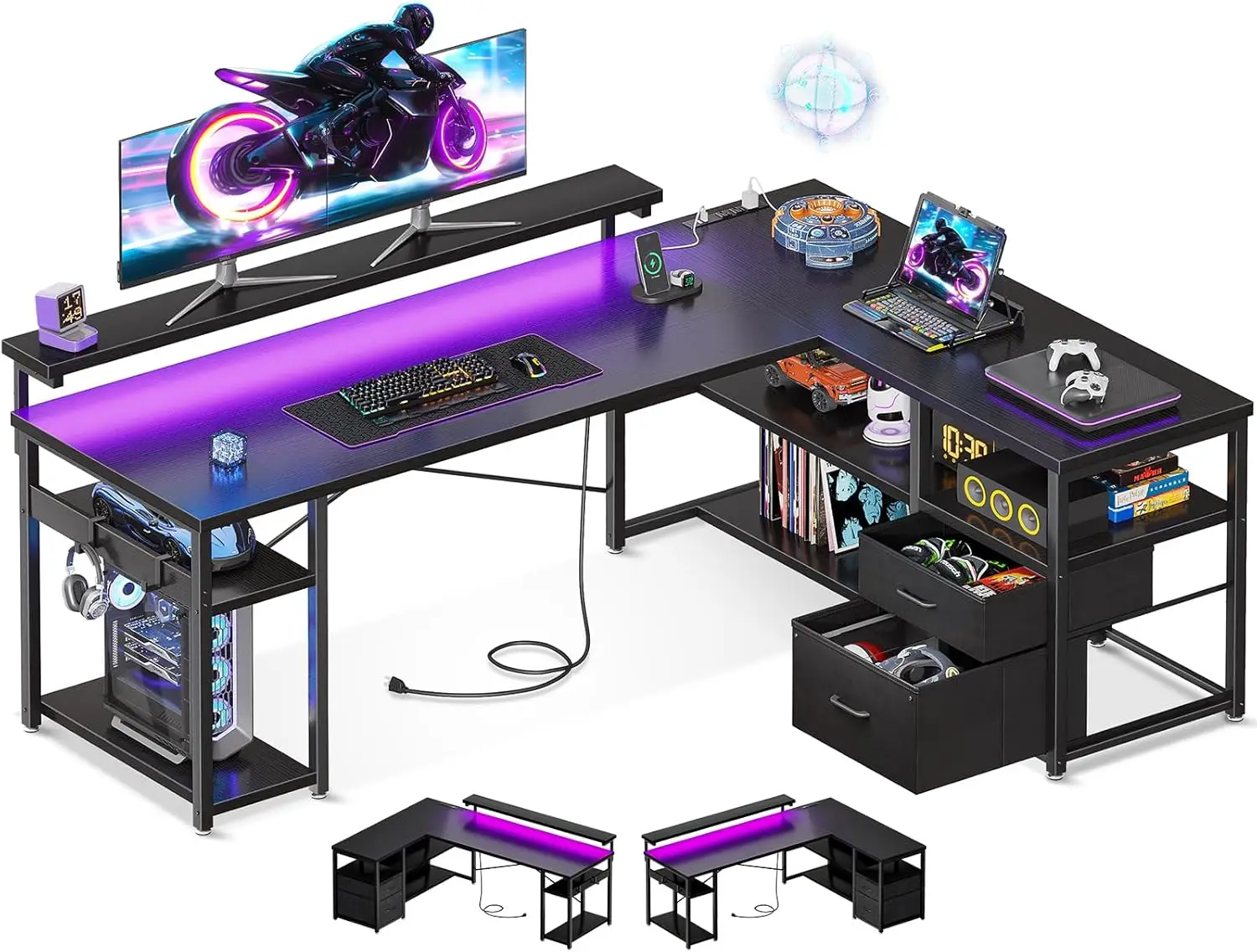 L Shaped Gaming Desk with File Drawers, Reversible Computer Desk with Power Outlets & LED Lights, Home Office Desk