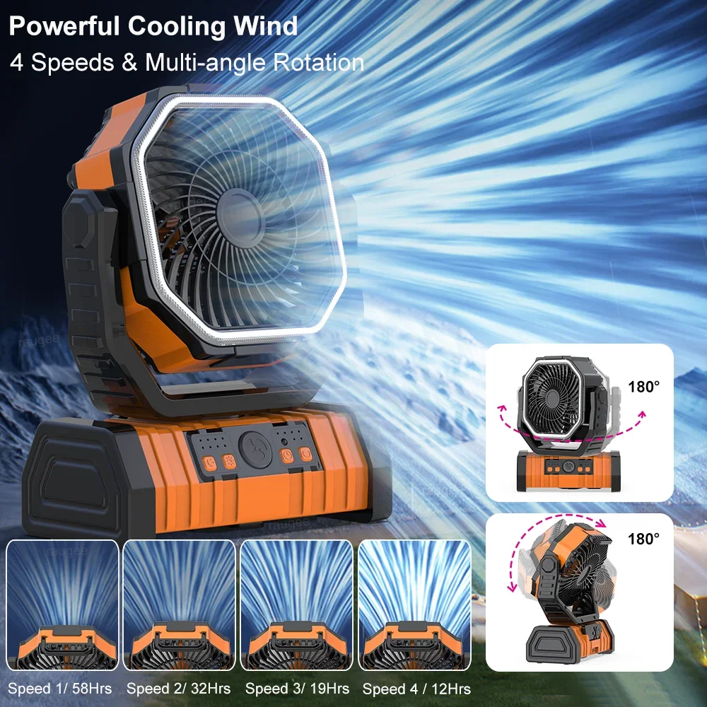 

New Portable Camping Fan, 20000mAh USB Rechargeable Outdoor Camping Desk Wireless Ceiling Fans with LED Light and Hook for Tent