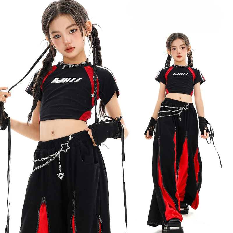 

Girls Hip Hop Dance Outfit Jazz Stage Costume K-pop Performance Clothes Group Street Dance Suit Black Crop Top Baggy Pants Set