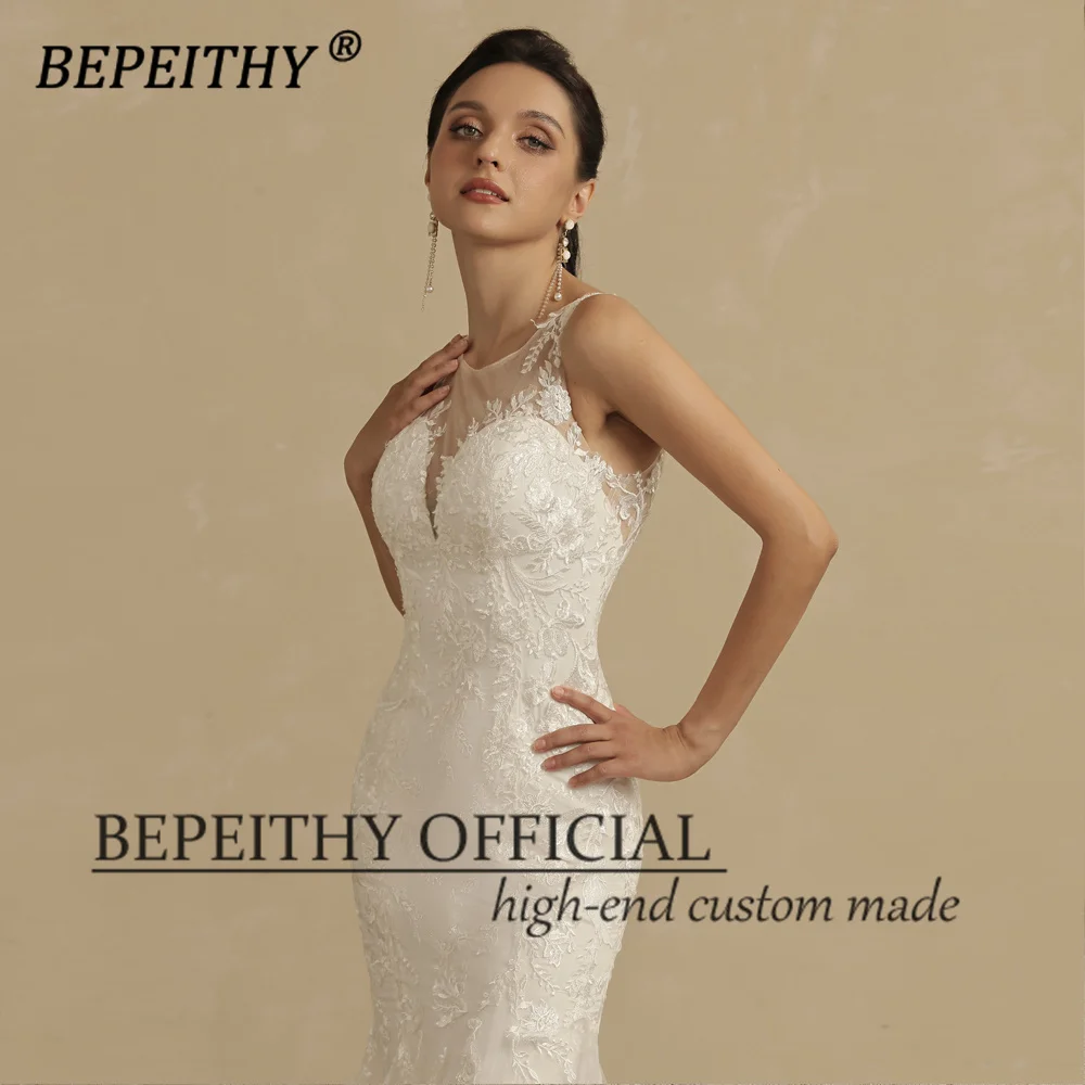 Bepeithy marfim sereia vestidos de casamento sem mangas para as mulheres noiva laço branco colher boho nupcial vestido de festa de gala novo