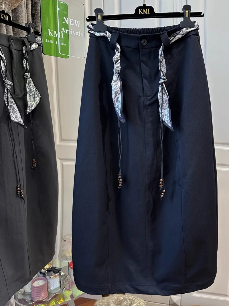 Oversized Women's Clothing Design Silk Scarf Belt Skirt For Women Solid Color Loose Elastic Waist Fashionable A-Line Skirt Autum