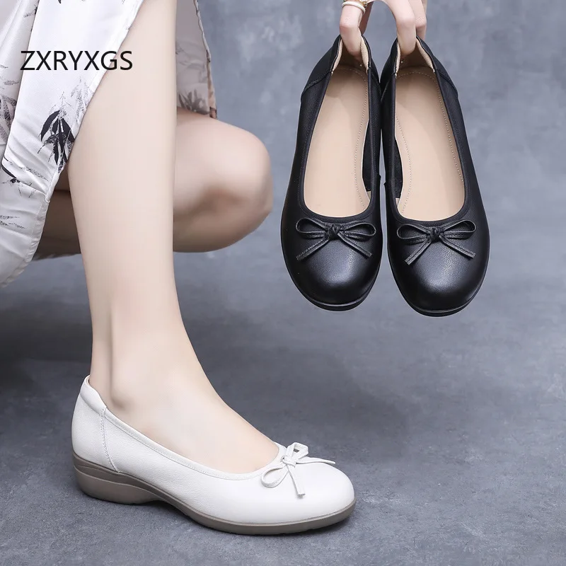 

ZXRYXGS 2025 Новая верхняя женская модная обувь из мягкой воловьей кожи, осенние туфли из натуральной кожи, удобные туфли на среднем каблуке с мягкой подошвой, большой размер