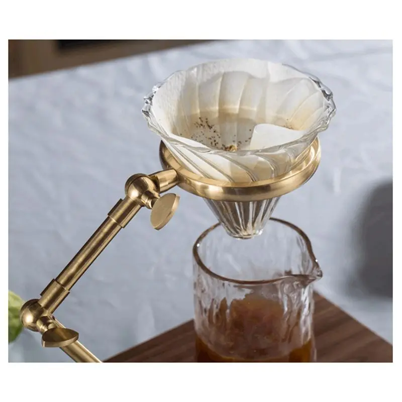 ABUN Coffee Dripper Stand Rack, Metal Filter Cup Holder Frame, Brass Geometric Drip Coffee Bracket with Wooden Base, 31x21x15cm