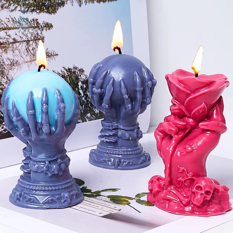 New Rose Hand Silicone Candle Mold DIY Ghost Claw Demon Hand Holding Ball Scented Making Mould Halloween Gifts Craft Party Decor