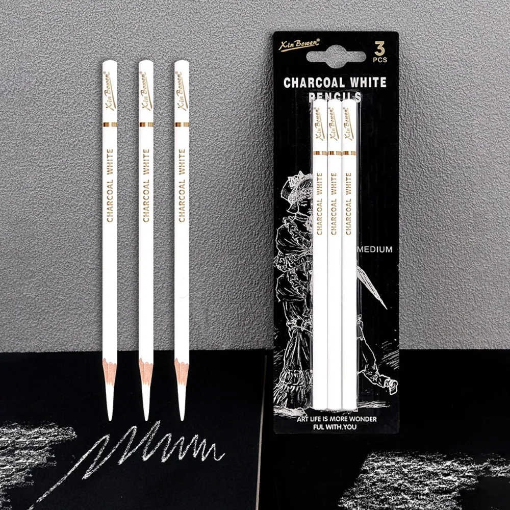 3Pcs Soft/Medium/Hard Charcoal Pencils Set Drawing Pencil Art Supplies Charcoal Pen Sketch Pencil White/Black Professional