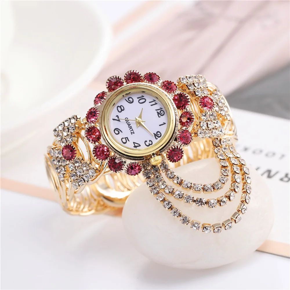 YIKAZE Luxury Women\'s Watches Gold Bangle Quartz Watch Hollow out Diamond Alloy Strap Ladies Bracelet Dress Wristwatch Clock