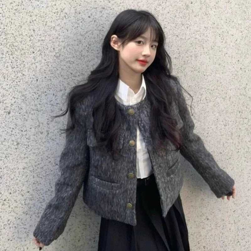 Ciemnoszare, krótkie płaszcze wełniane damskie z długim rękawem, proste, eleganckie, w stylu vintage, do biura, codzienne, zapinane na guziki, z dekoltem typu O, koreańskie bluzki damskie.