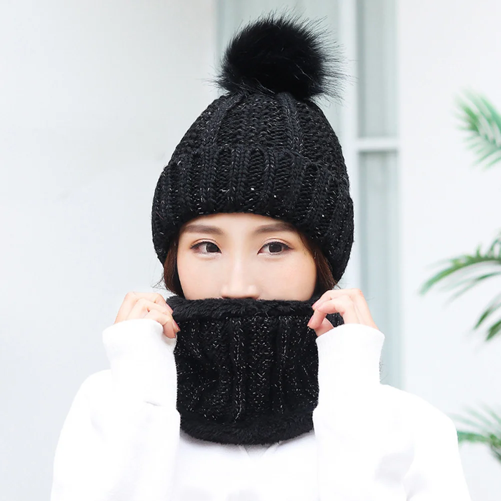 سميكة الخريف الشتاء محبوك قبعة الرقبة الحرس الأسود وشاح مجموعة للنساء الدافئة غزل الصوف قبعة مريحة أنيقة الاستخدام في الهواء الطلق