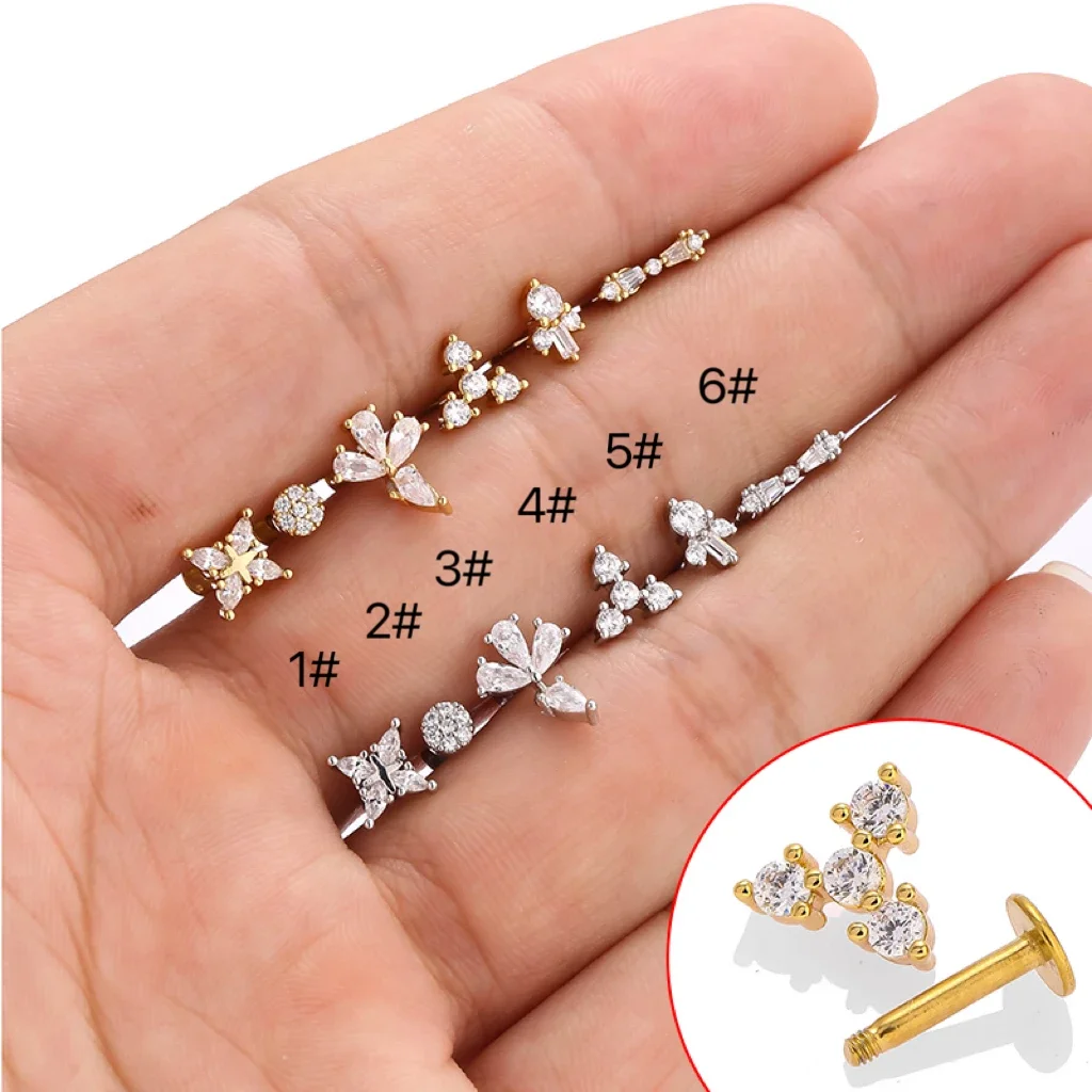 1Pc 1.2X8mm Titanium Internally Threaded 3 Zircon Fan Top Ear Helix Stud Labret Lip Monroe Piercing Body Jewelry for Women