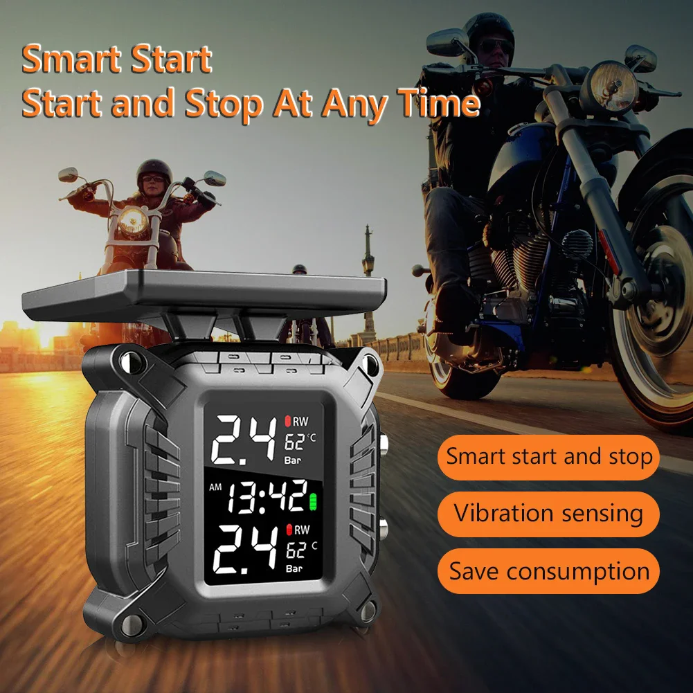 Motorcycle TPMS Solar Power Tire Pressure Monitor Wireless Tire Pressure Monitoring System Tyre Temperature Sensor Alarm System