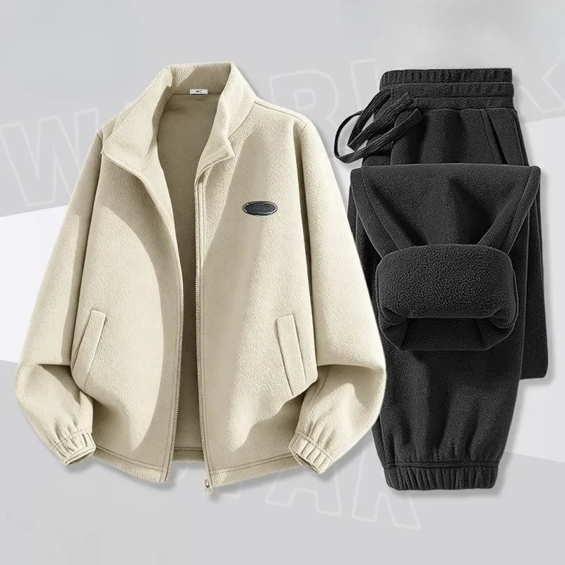 A Set of Heavy-duty Fleece Sportswear Men Thickened and Fleece Winter Youth Stand-up Collar Coat and Skinny Pants Comfort Warm