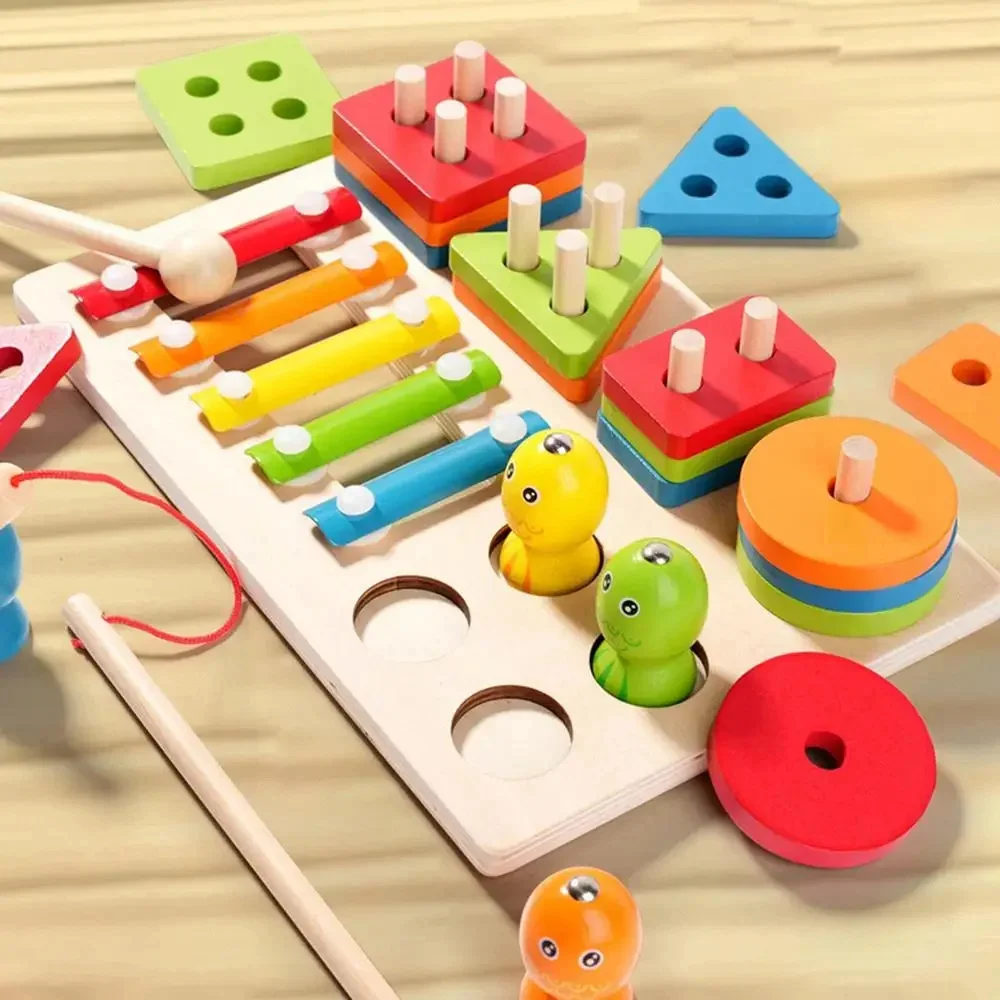 Montessori 3 in1 Wooden Toys Shape & Stacking Fishing Games Musical Instruments Puzzle Toys for Boys Girls Birthday Xmas Gift