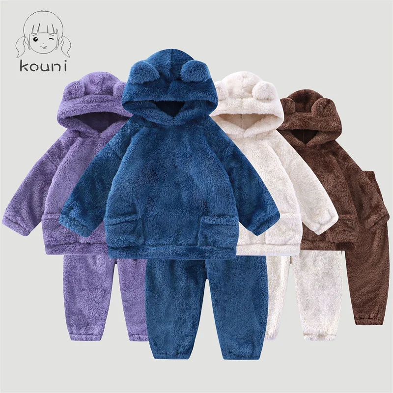 

Baby Boys Winter Sets Girls Fleece Pajamas Suits Toddler Double-sided Plush Hoodies+Pants 2Pcs Outdits Children Warm Clothing