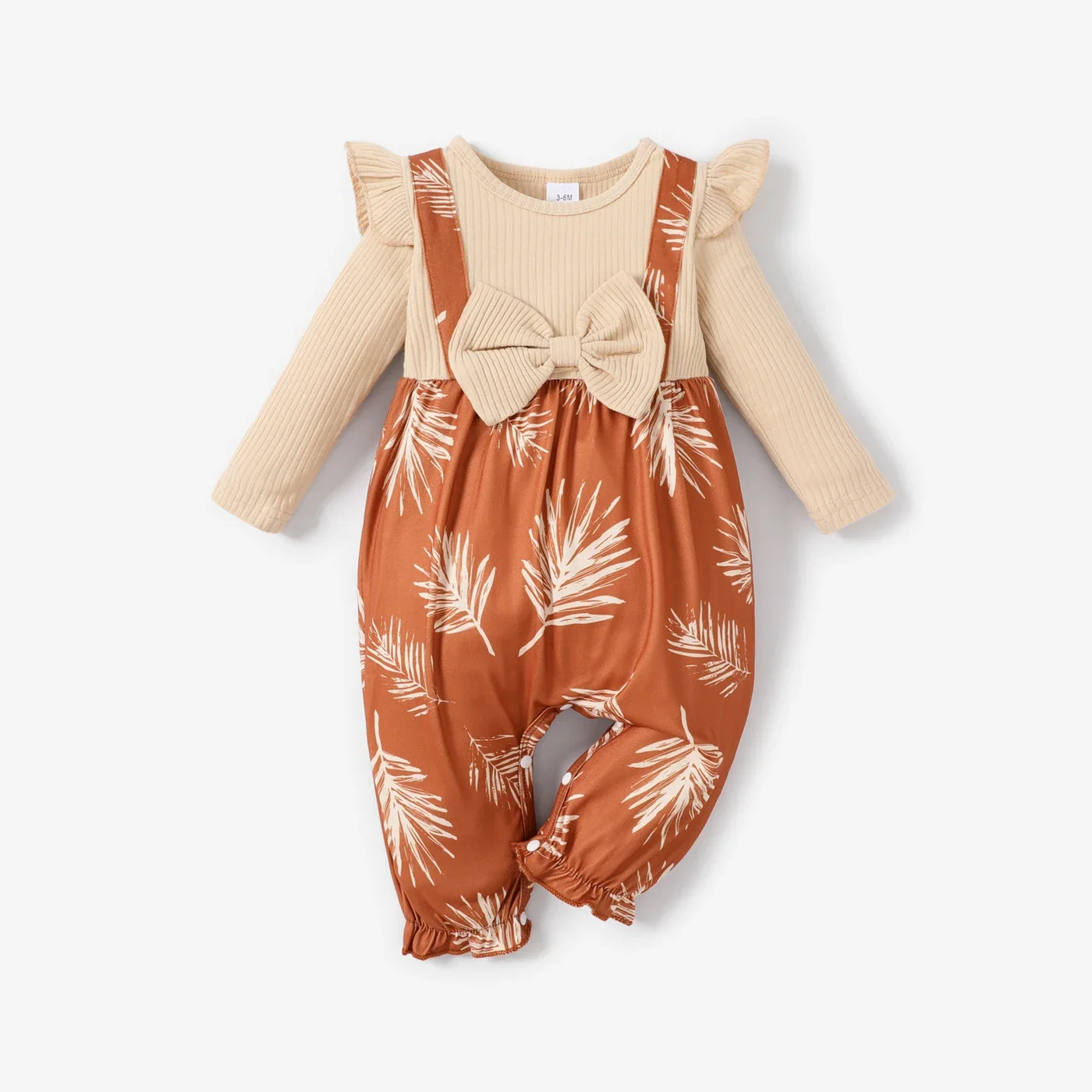 PatPat Baby Girl Bow Front Plant Print Rib-knit Panel 2 In 1 Jumpsuit Soft and Comfortable  Perfect for Outings and Daily Wear