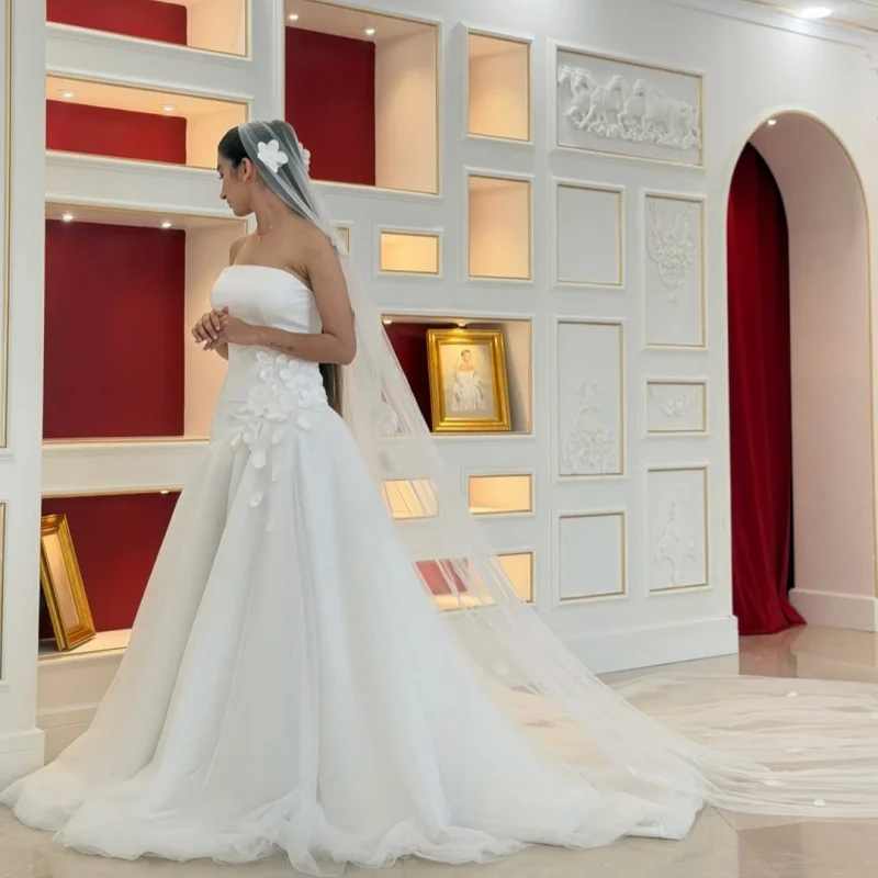 Tull White White Appliques Wedding Dresses 3D Flowers Decal Skirt long tail A-line Slit Made Wedding Dress Bridal Gown