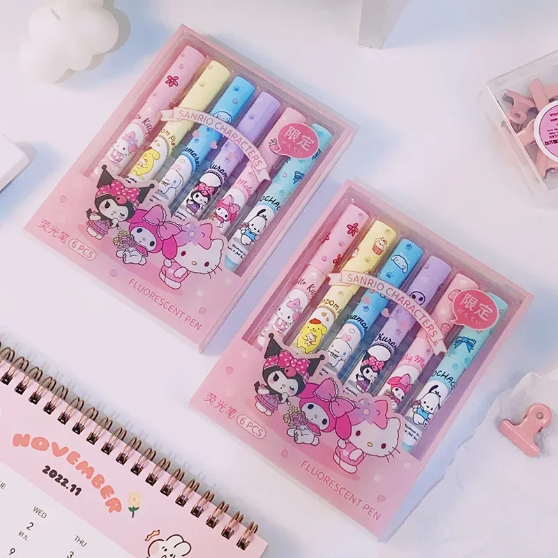 6Pcs Sanrio Hello Kitty Highlighter Pen Set Kawaii Kuromi Melody Cinnamoroll Art Fluorescent Markers Pens School Office Statione