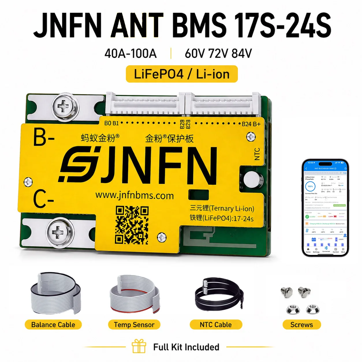 

JNFN ANT BMS 17S 18S 20S 24S 48V 60V 72V 84V 40A 60A 80A Lifepo4 Smart BMS with Bluetooth for Electric Scooter Battery Pack