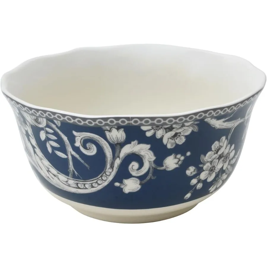 مجموعة أواني طعام من البورسلين باللون الأزرق الداكن مكونة من 16 قطعة من ألياف ألواح مكونة من 4 أطباق ومجموعة أكواب بتصميم الطيور والزهور للاستخدام اليومي #4