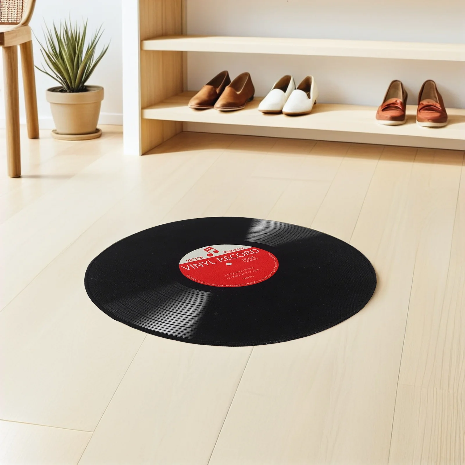 24" Vinyl Record Rug Retro Round Carpet Non-Slip Washable Area Rug For Bedroom Living Room Music Studio Black Floor Mat Home