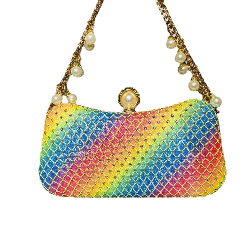 

Coloful Evening Bag Women Pearl Chain Sequined Hand Bags Blingbling Mesh Diamond Clutches Ladies Nightclub Party Rainbow Purse