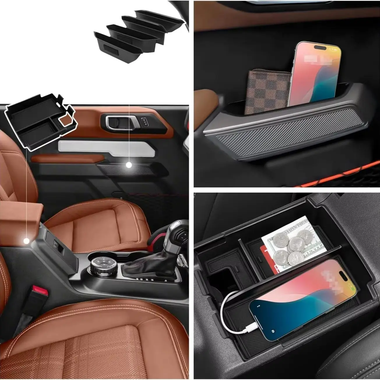 5PCS Center Console Tray for 2025 2026 Ford Bronco Accessaries 4 Door Full Size 2025 Bronco Front Rear Door Handle Pocket Storag