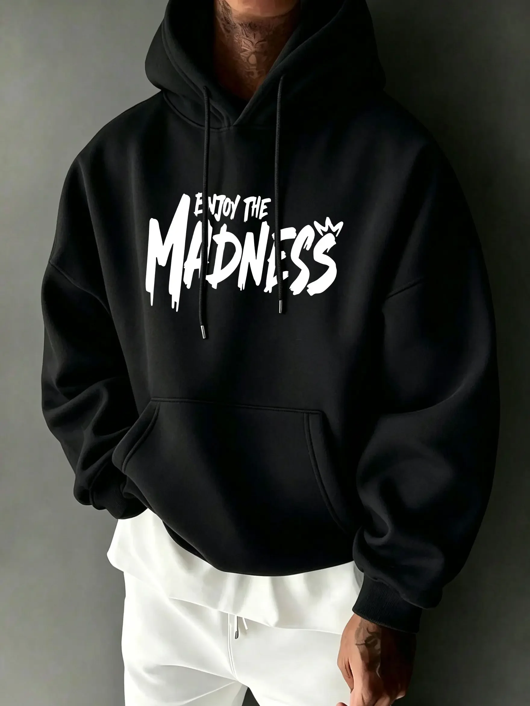 Enjoy the Madness Hoodie — Double Print Design, Front Handwritten Brush-Style Lettering, Back Skateboard Bear cartoon Illustration; Unisex Oversized Hoodie, Sohochic