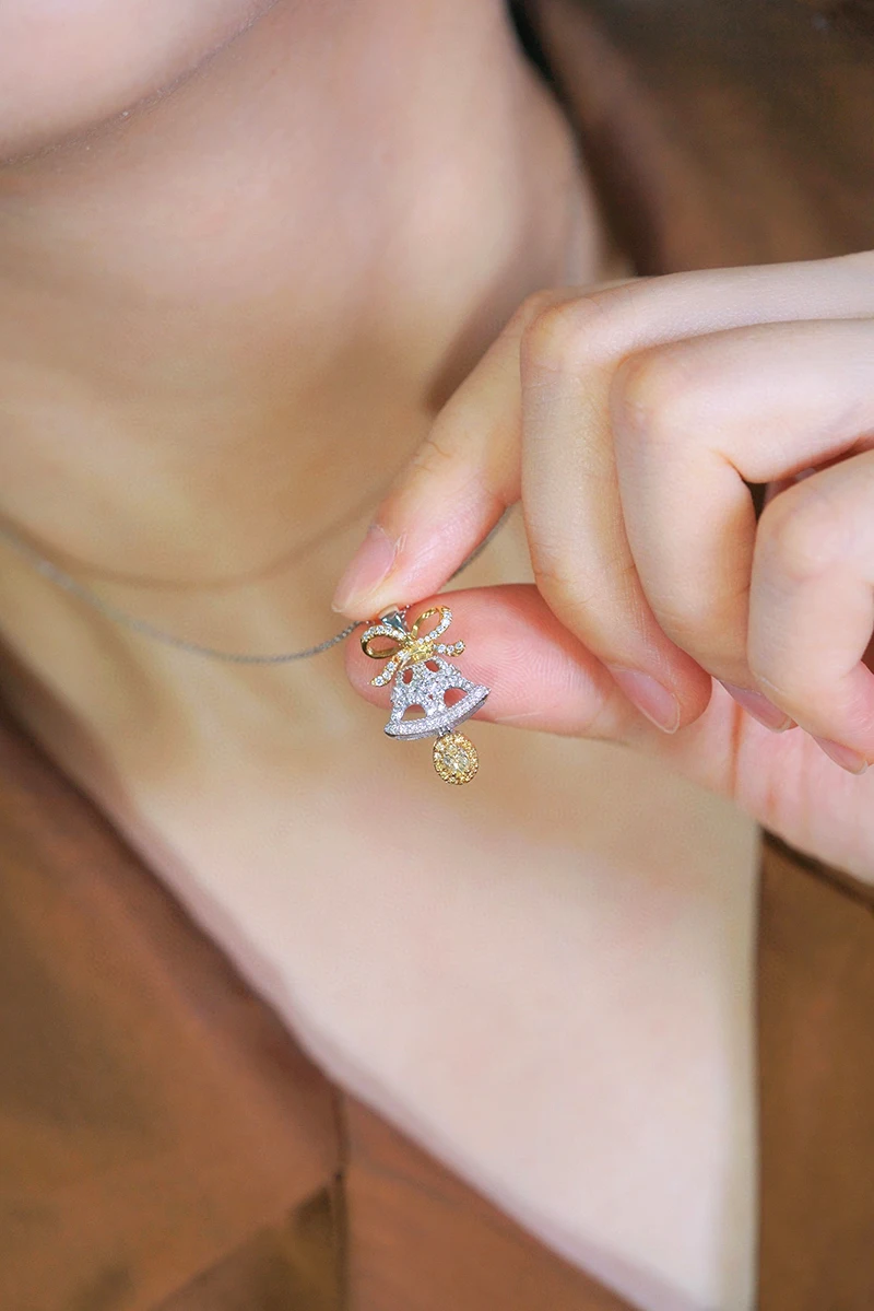KUGG 100% 18K White+Yellow Gold Necklace Women Romantic Small Bell Shape Real Natural Yellow Diamond Necklace Christmas Gift