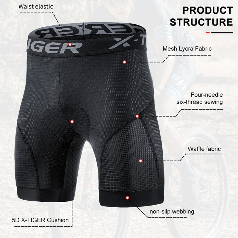 X-TIGER Cycling Underwear Men's Shorts 5D Padded Breathable Sports Riding Bike Bicycle MTB Liner Shorts with Anti-Slip Leg Grips