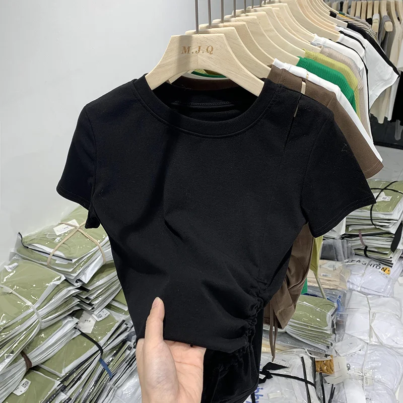 Shirring Drawstring Design Skinny Short T-shirt For Women Summer Slim Holes Short Sleeve Chic Top Female Cotton Korean Tees