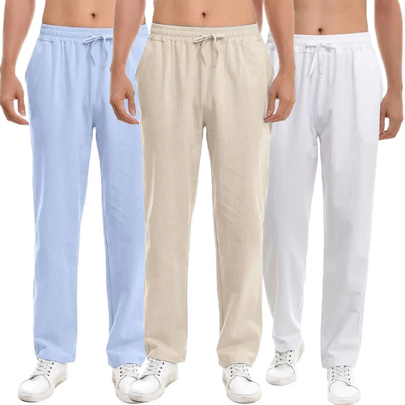 

Весенне-летние длинные брюки для мужчин, хлопковые и льняные однотонные легкие брюки, повседневные спортивные штаны с эластичной резинкой на талии, базовые стильные брюки