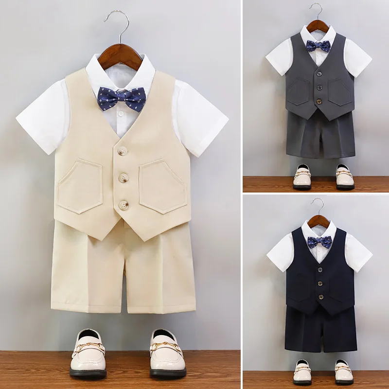 

Summer New Children Vest Shorts Suit Handsome School Uniform for Boys Piano Chorus Performance Costume 12 13 14 Years Kids Gown