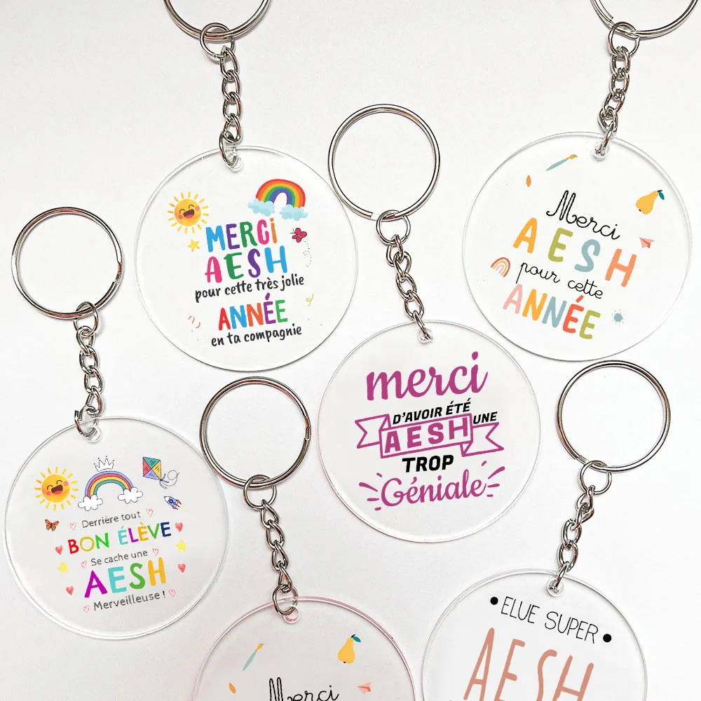 Merci AESH French Printed Keychain Circle Key Ring Teacher Life Keyring Teacher's Day Graduate Thanks Gifts for AESH Teachers