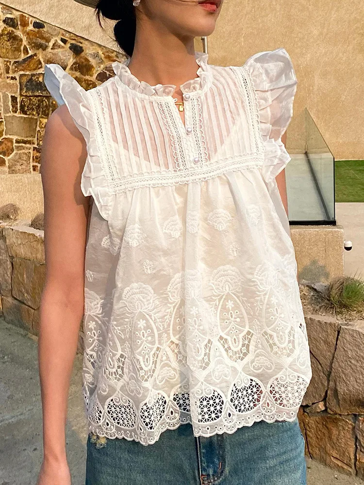 JHJN Hollow Out Lace Crochet Ear Fungus Edge Stand Collar Tencel Shirt Französische Damenbekleidung Socialite Style Ärmelloses Top