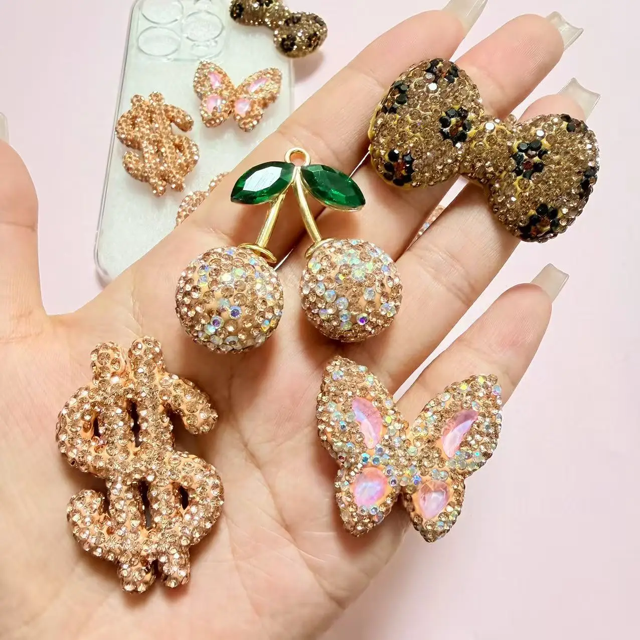 Bulk Supply Wealthy 2Pcs Autumn Champagne Artificial Diamond Bling Large Size Charms Junk Phone Case Decorations