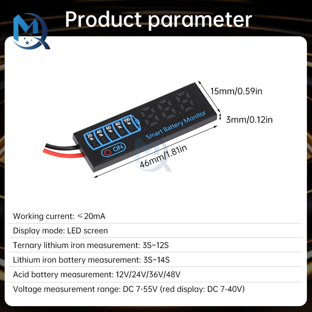 Indicateur de niveau de tension de batterie à LED, 3-14S 1-7S 2-8S, indicateur de charge acide/lithium universel 18650, DC 7-55V