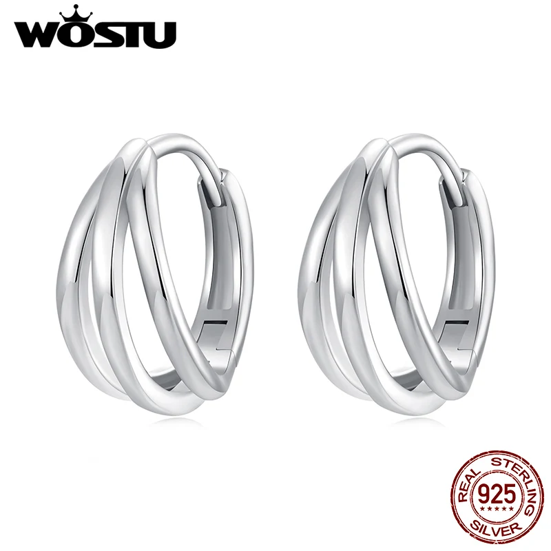 WOSTU 925 Sterling Silver Multilayer C Shape Circle Hoop Earrings for Woman Wedding Engagement Triple Split Loop Huggie Earring