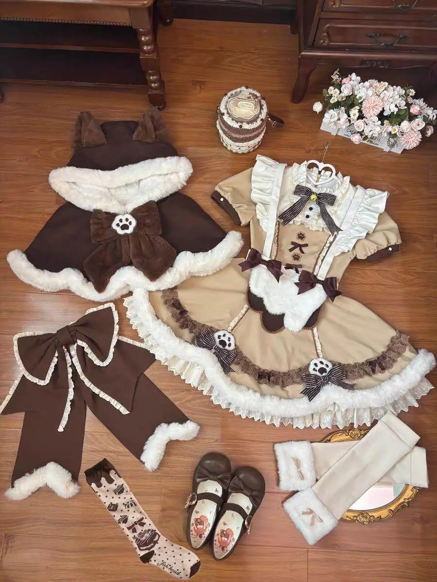 

Little Bear Lolita Autumn Winter Plush Hooded Cape Sweet Style Lolita Cute Dress Set Little Bear Skirt OP + Cape + Apron
