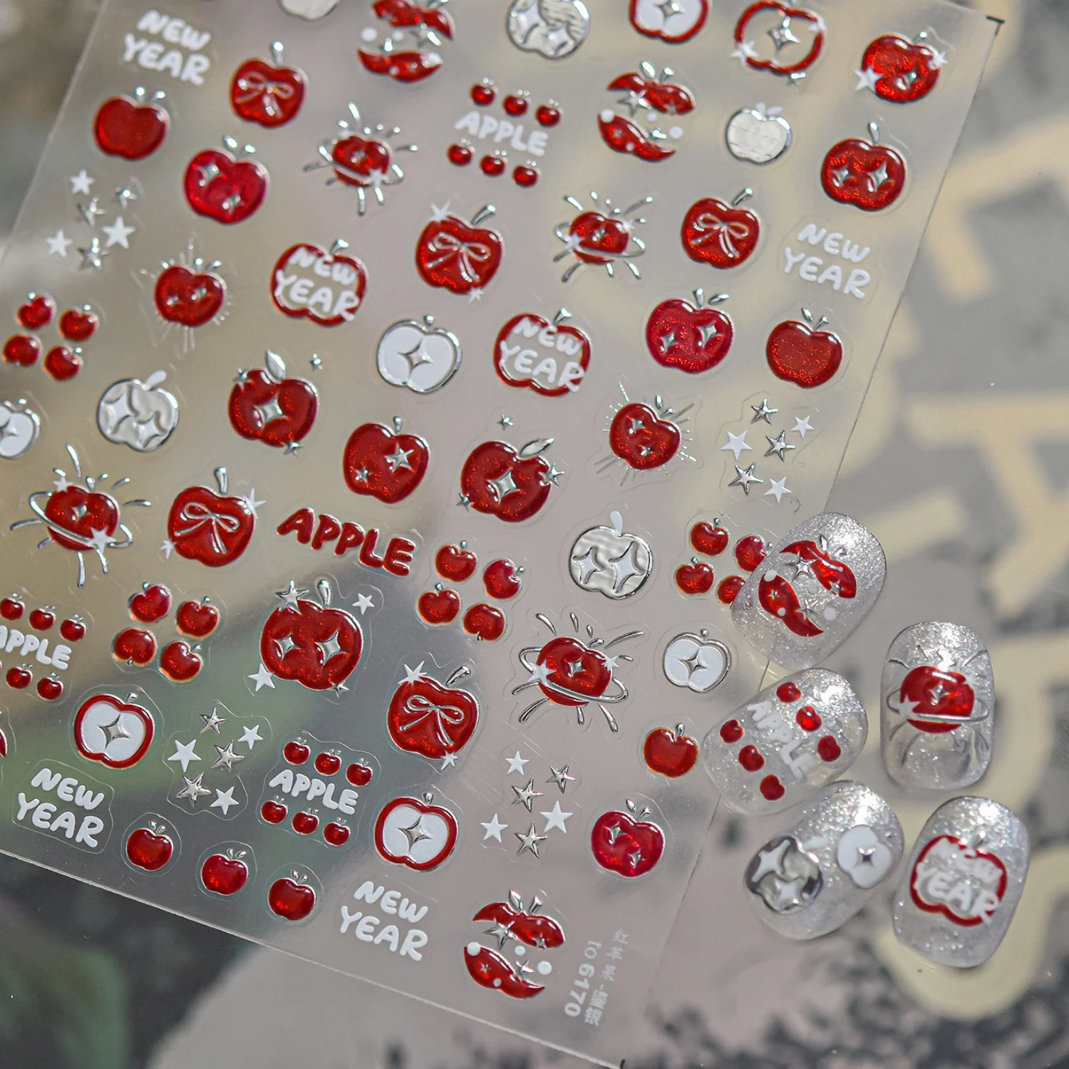 New Year 5D Nail Stickers Red Whole and Sliced Apple Bow Stars Self Adhesive Nail Art Decals Cute Fruit Accessories Nail Decor