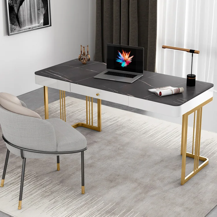 

Modern light luxury rock slab desk creative wrought iron workbench